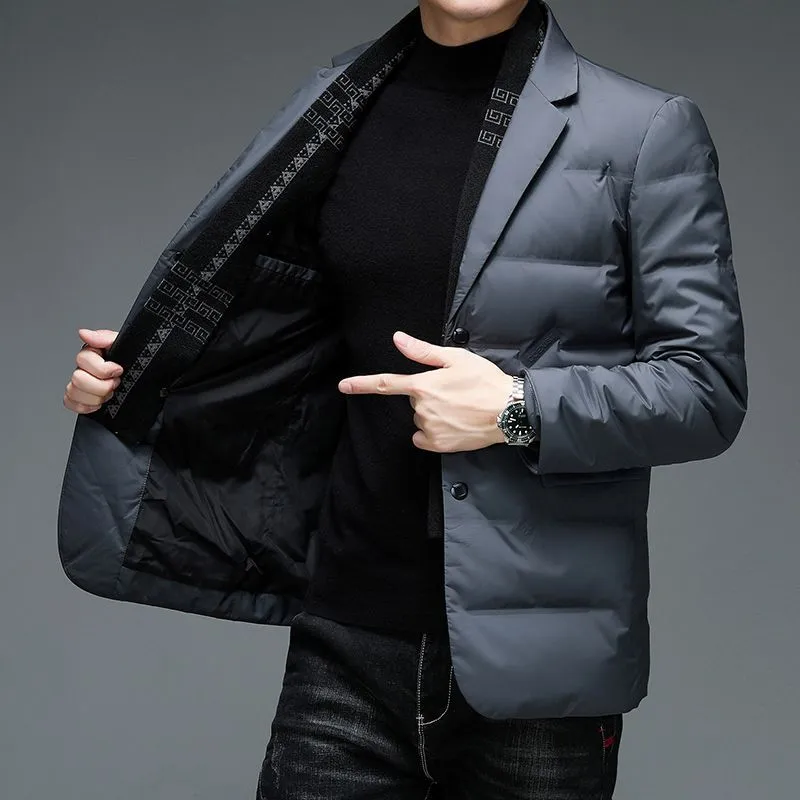 Business suit Men Winter Fake Two-Piece Warm blazer high-grade Stand-up Collar down Jacket male Noble and elegant Elite Coat High quality successful people