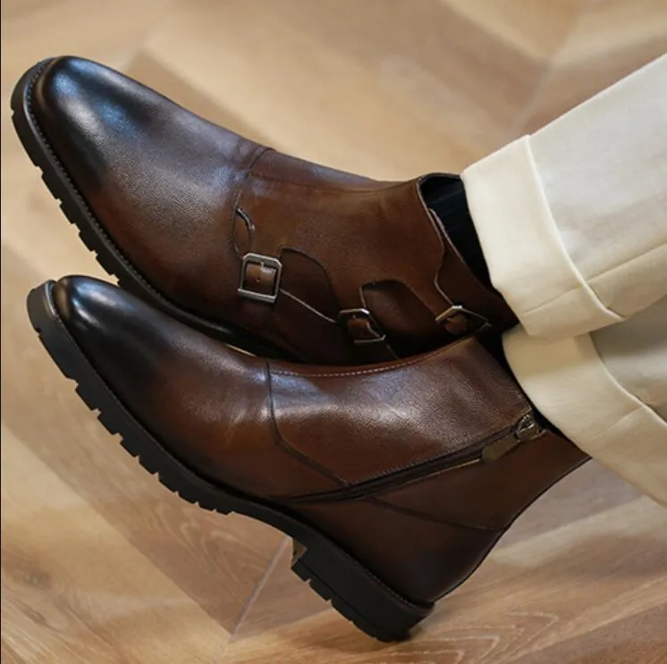 Äkta vintermode Martin Boots Leather Mens Mens Monk Strap British Style Chelse Booties Shoes
