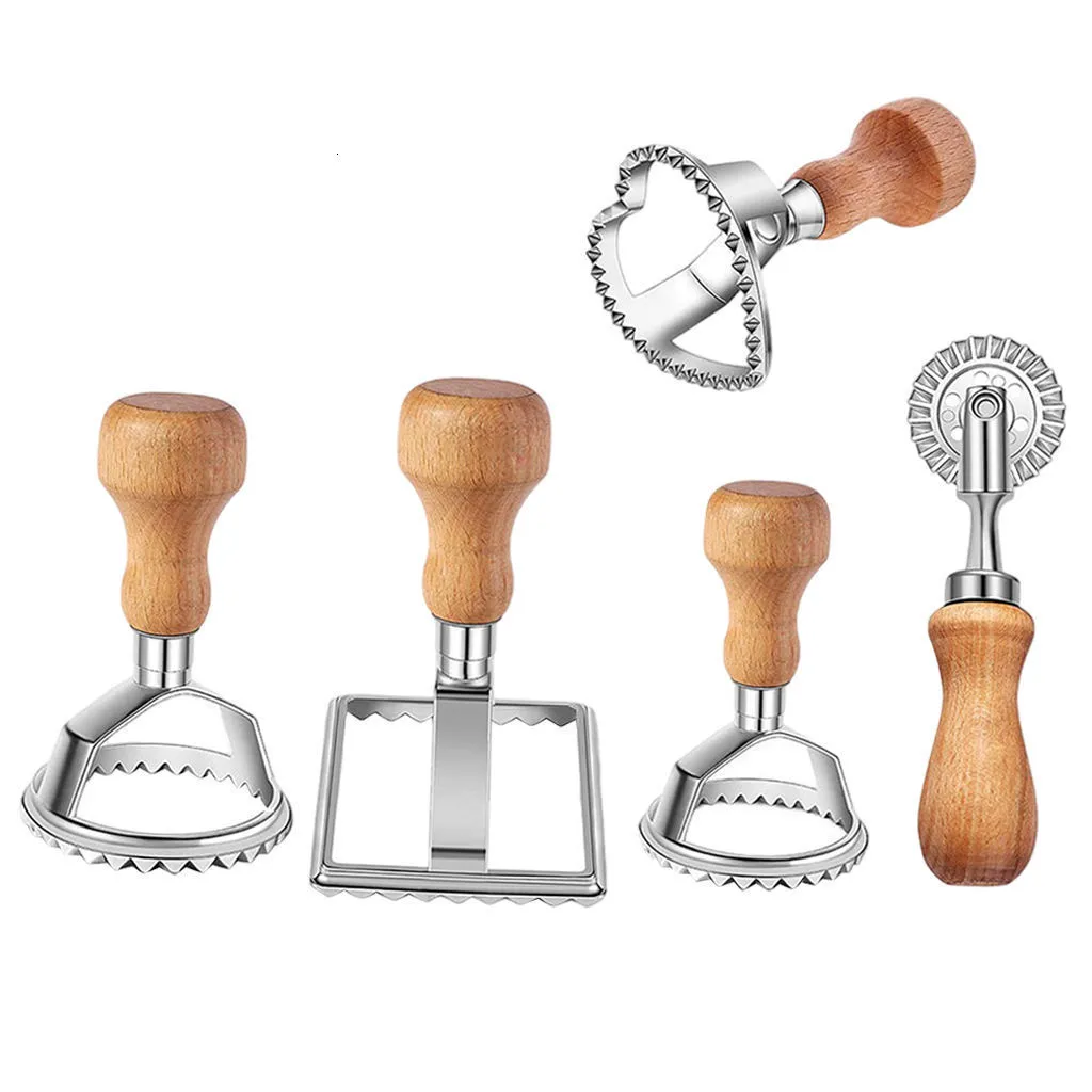 5pcs Set Wood Handle Ravioli,Pasta,Lasagna,Dumplings Maker Cutter Stamp