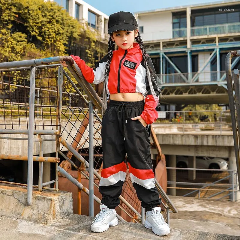 Vêtements de scène Costumes de danse jazz pour enfants Veste rouge Pantalon  de survêtement Costume Hip Hop Vêtements pour filles Salle de bal