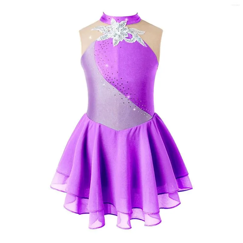 Girl Dresses Figure Skating Leotard Dress Girls Child Rhinestone Sequins Floral Sleeveless Gymnastics Ballroom Ballet Dance Costume