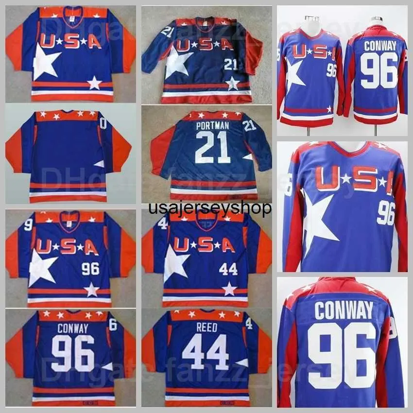 Hockey Jersey Movie USA Ice Retro 96 Charlie Conway 21 Dean Portman 44 Fulton Reed Vintage Classic All Stitched Blue Color Sport