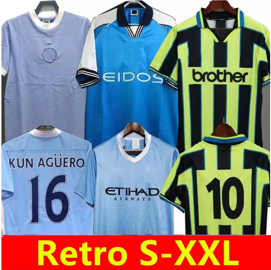 Retro Man Soccer Trikots 98 99 00 11 12 Stadt 1998 1999 2000 2012 2012 1972 Eidos Gallagher Weah Tevez Kun Aguero Dzeko Kompany Vintage Manchester Shirts Classic Kit