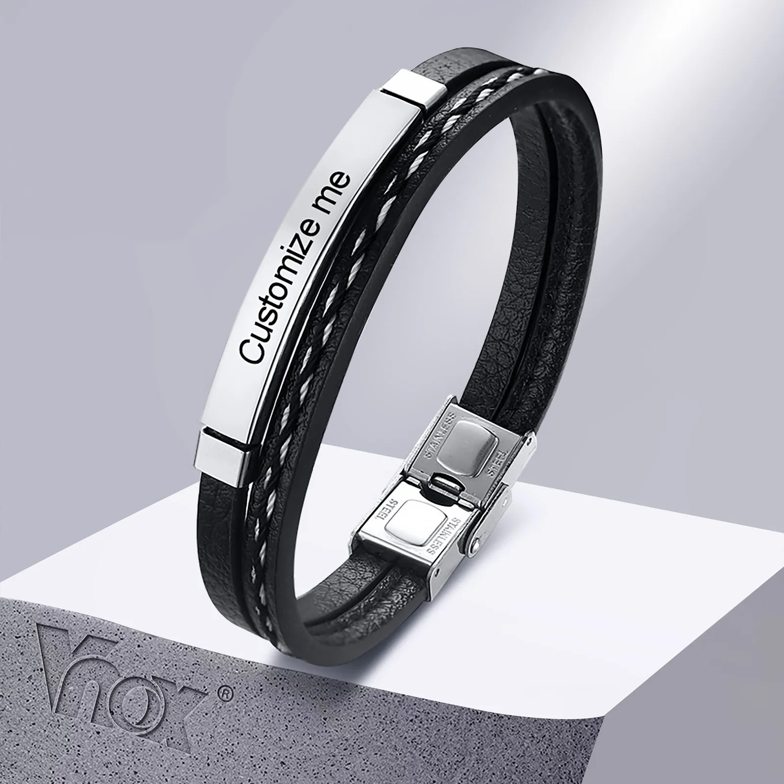 Braccialetti in pelle multi -strato per uomini donne Incisione personalizzabile in acciaio inossidabile in acciaio pessimo personalizzato 21 cm