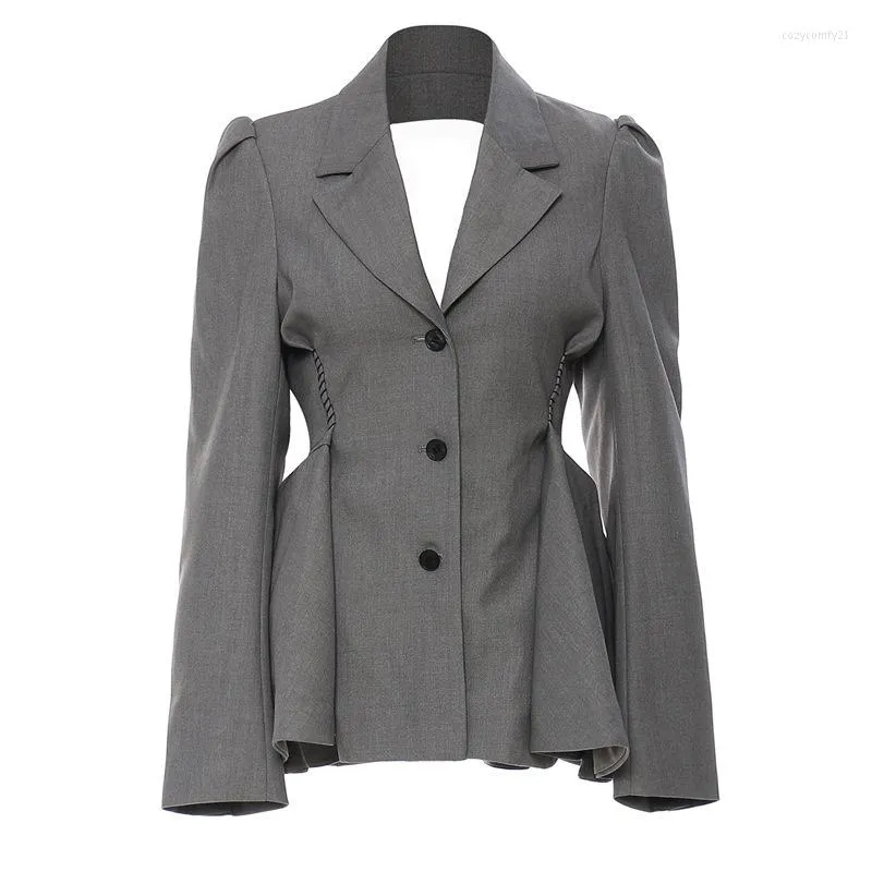 Trajes de mujer PREPOMP 2022 Otoño de manga larga con cuello entallado botones de un solo pecho volantes sin espalda ajustado gris Blazer abrigo de mujer GF814