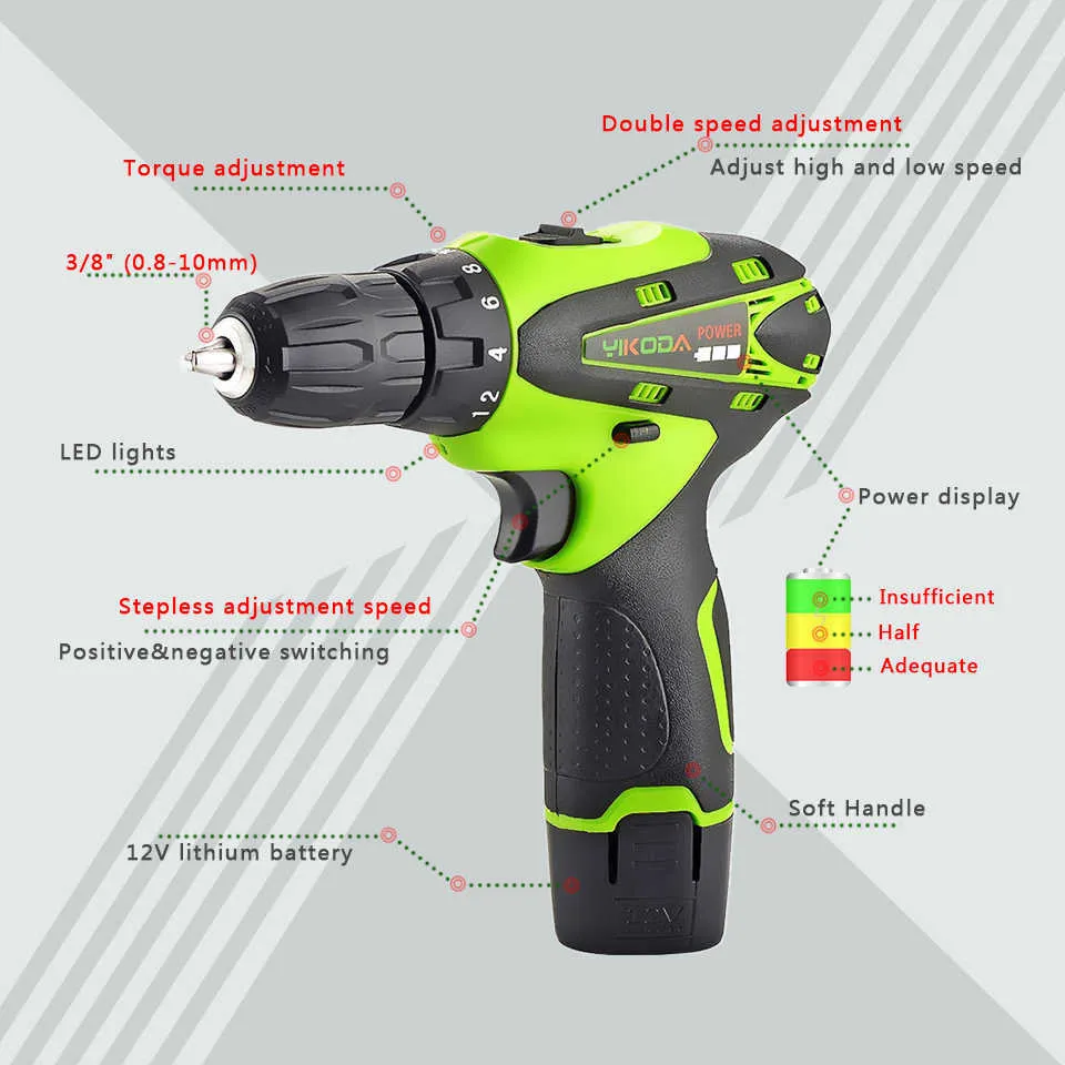 Wholesale YIKODA 2024 Cordless Drill Set Electric Screwdriver With 2 Batteries 18 1 Torque Settings LED Work Light Compact Power Drill Driver For Home Improvement DIY Projects From Bunnings 51.89 DHga...