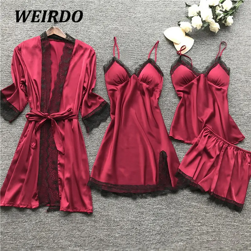 home clothing Sleepwear Female 4Pcs Pajamas Set Satin Pyjamamas Lace Patchwork Bril Wedding Nightwear Rayon Home Wear Nighty Robe Suit Drop 221202