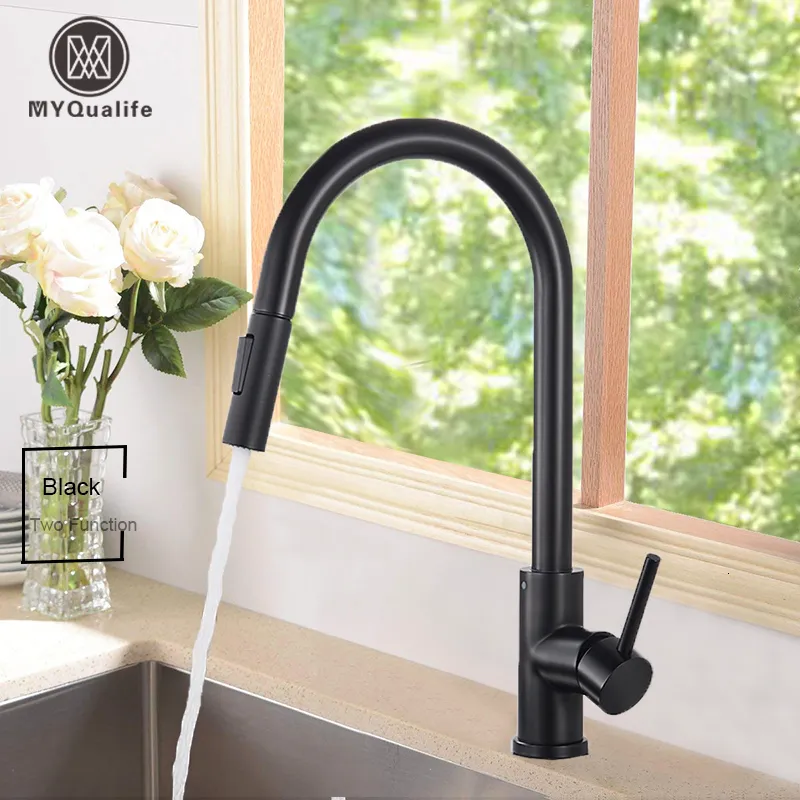 Mutfak muslukları siyah musluk iki fonksiyonlu tek sap dışarı çekin mikser ve soğuk su muslukları güverte monte edilmiş 221203