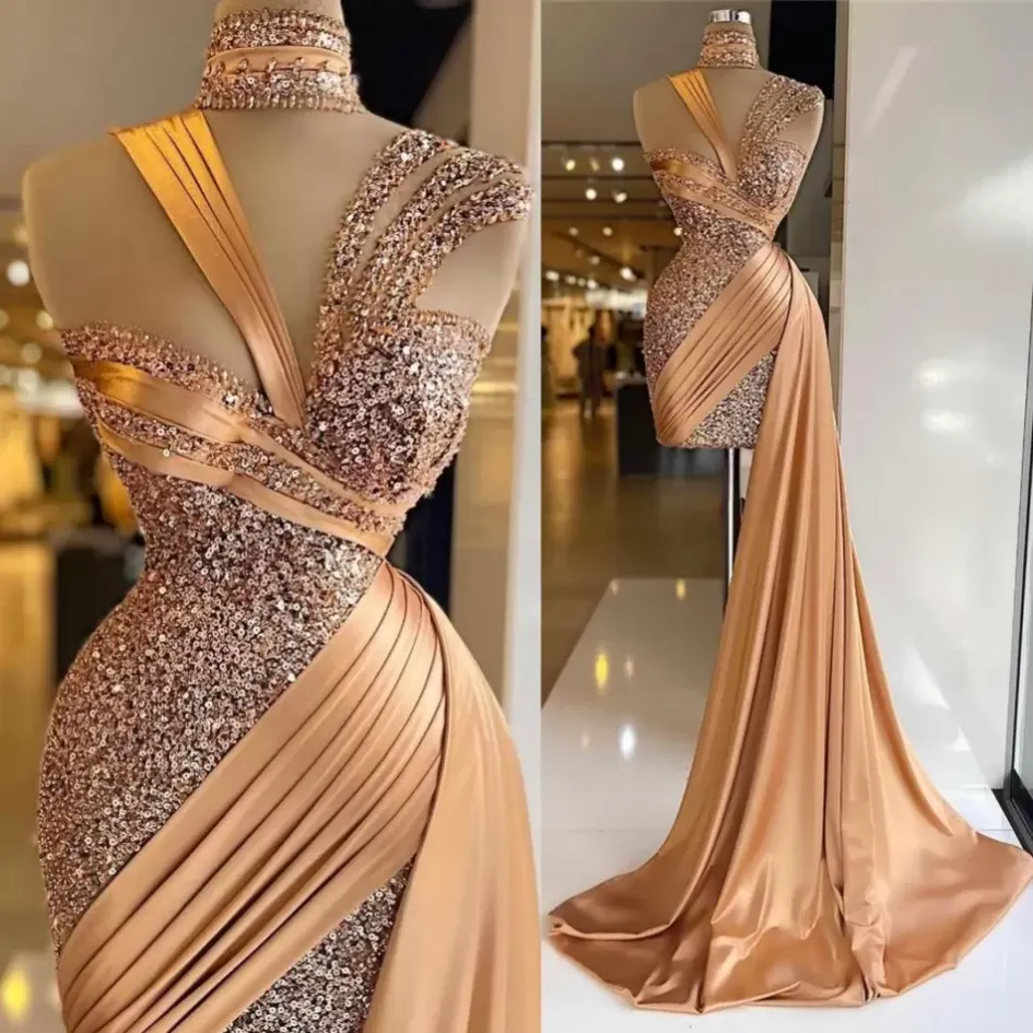 Abiti da sera a sirena color oro scintillante con gonna sopra la gonna con paillettes Abiti da ballo corti Abiti da donna con collo alto Sexy vestido