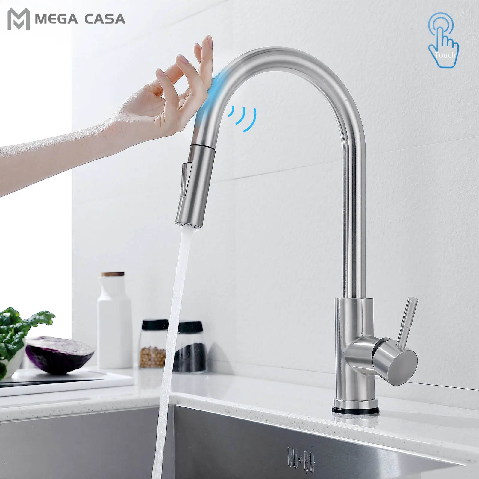 Torneiras de cozinha puxam toque inteligente para o misturador de pia da torneira de água do sensor 360 Rotate Control S 221203