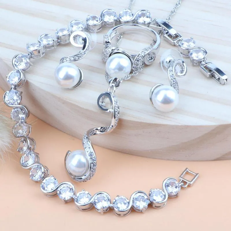 Naszyjnik Zestaw Silver 925 Pearl Pearl Wedding Costume Biżuteria dla kobiet luksusowe bransoletki/pierścienie/kolczyki/wisiorki/naszyjnik