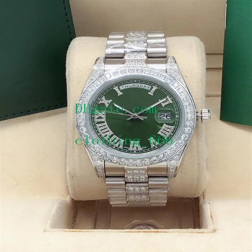 11 스타일 시계 남자 자동 기계식 운동 18038 다이아몬드 로마 숫자 남성 손목 시계 녹색 다이얼 18K 골드 41mm 손목 시계 255O