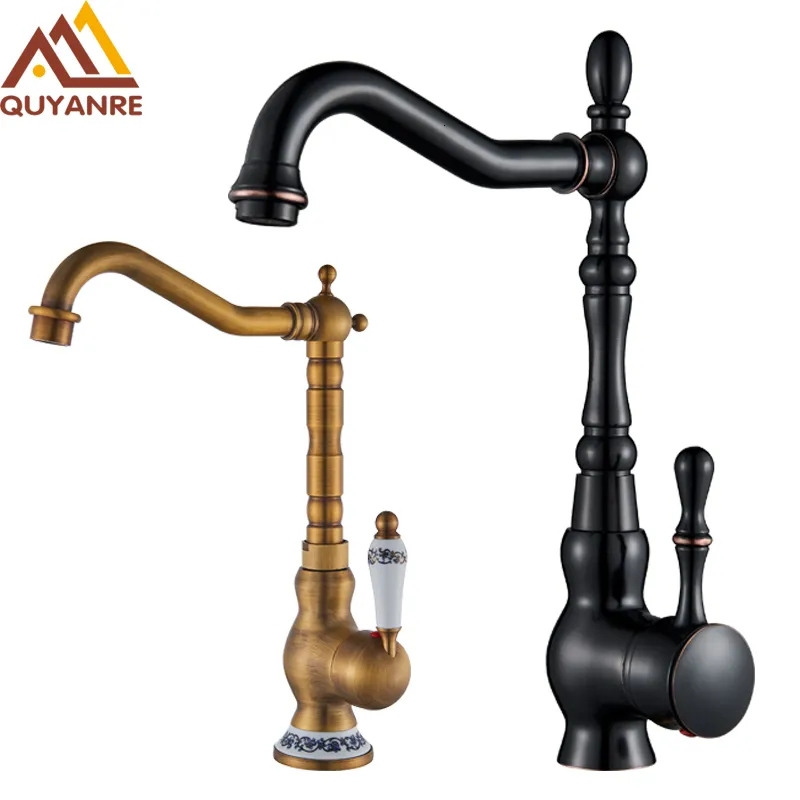 Bathroom Sink Faucets Quyanre Black Bronze Retro Antique Brass Basin Single Handle Mixer Tap 360 Rotation Kitchen Taps 221203