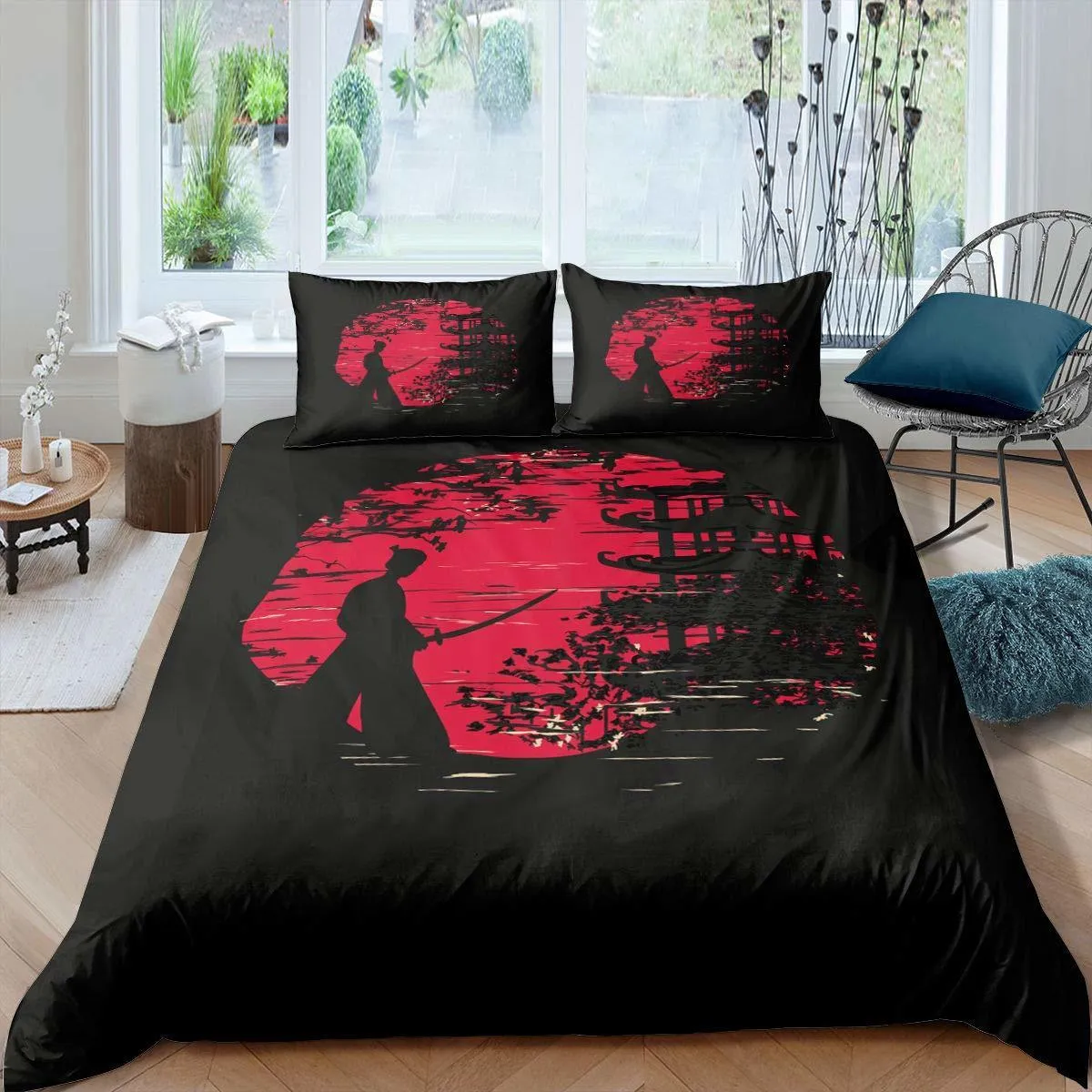 Defina a cama Japanese Samurai Bedding Conjunto KingQueenfull Tamanho Japão Sunset Senet Building Silhouette Polyster Duvet Capa Men Black Red 221208