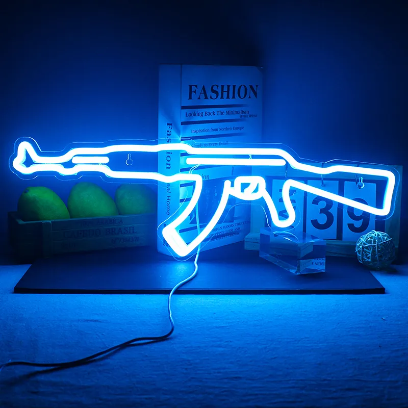 Neon Sign Light Gun AK 47 Super Cool Lampade a sospensione Segno personalizzato Logo Decorazione Lampada Sala giochi Negozio Decorazioni da parete