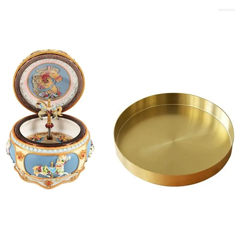 Jewelry Pouches Carousel Music Box With Sound Control LED Flash Lights Birthday Round Gold Tray Metal Decorative