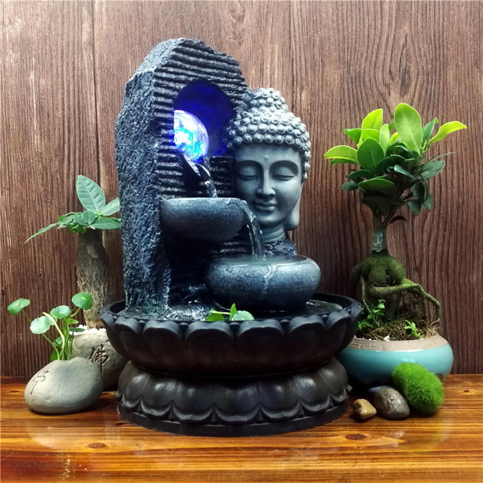 Buddha Tabletop Waterfall Fountain with Illuminated Rolling Ball Circular Water Flow LED Statue Ornament Sculpture for Desk