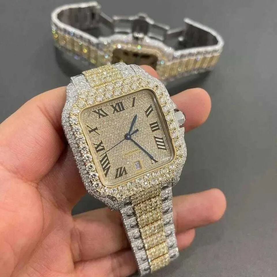 Wristwatches Wristwatches Square Case Men Luxury Iced Out Watch Golden Color Diamond VVS VVS1 Automatic Mechanic