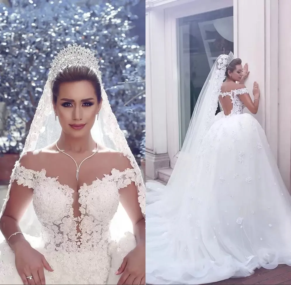 Duabi Prinzessin A-Linie Brautkleid Herz Schlüsselloch Zurück Schulterfrei Elfenbein Tüll Brautkleider Spitze Applizierte Kapelle Vestido De Novia 2023