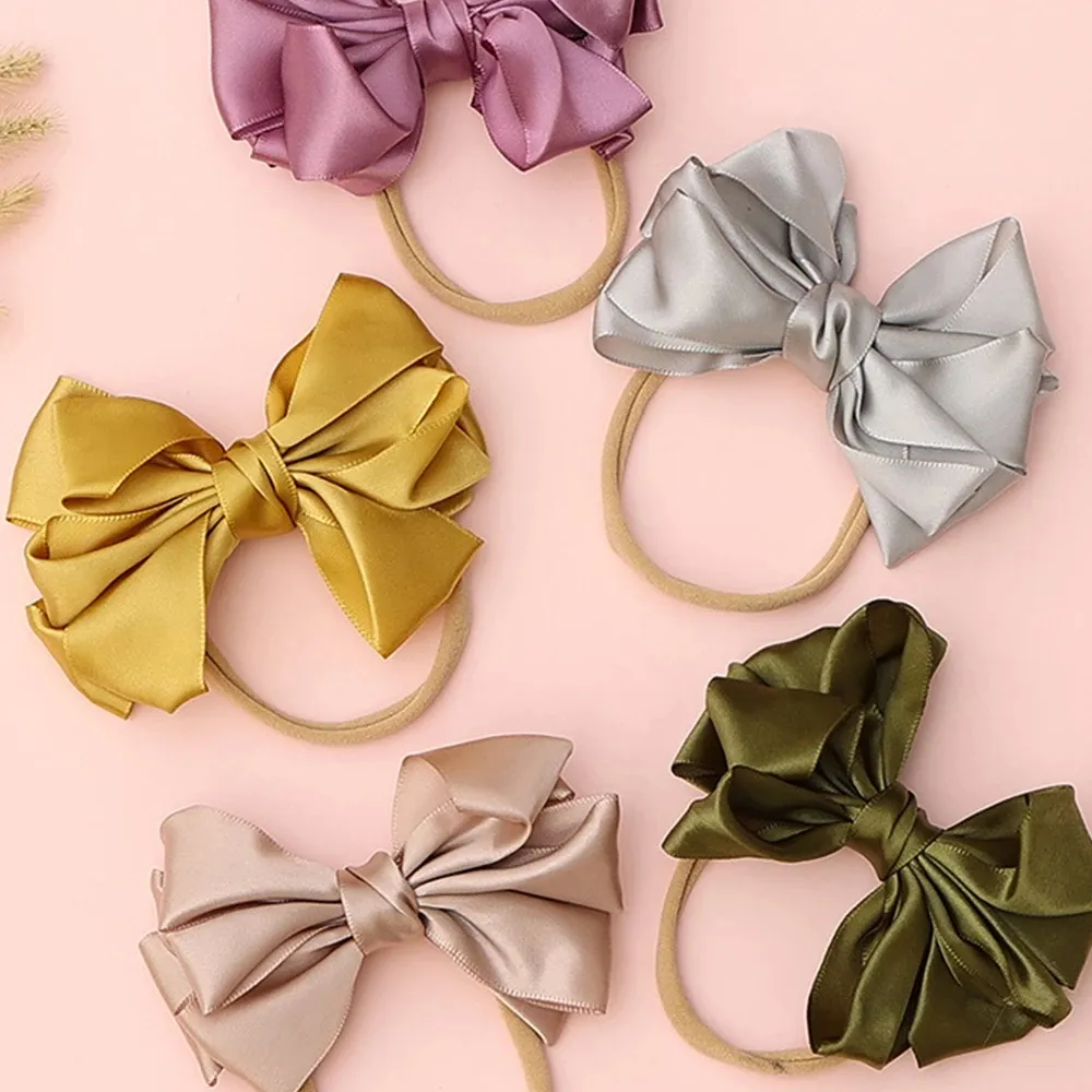 Satin Bow bébé fille Nylon bandeau enfants solide ruban Haibow chapeaux Turban Nylon nu enfants bandeau enfant désordre Bowknot