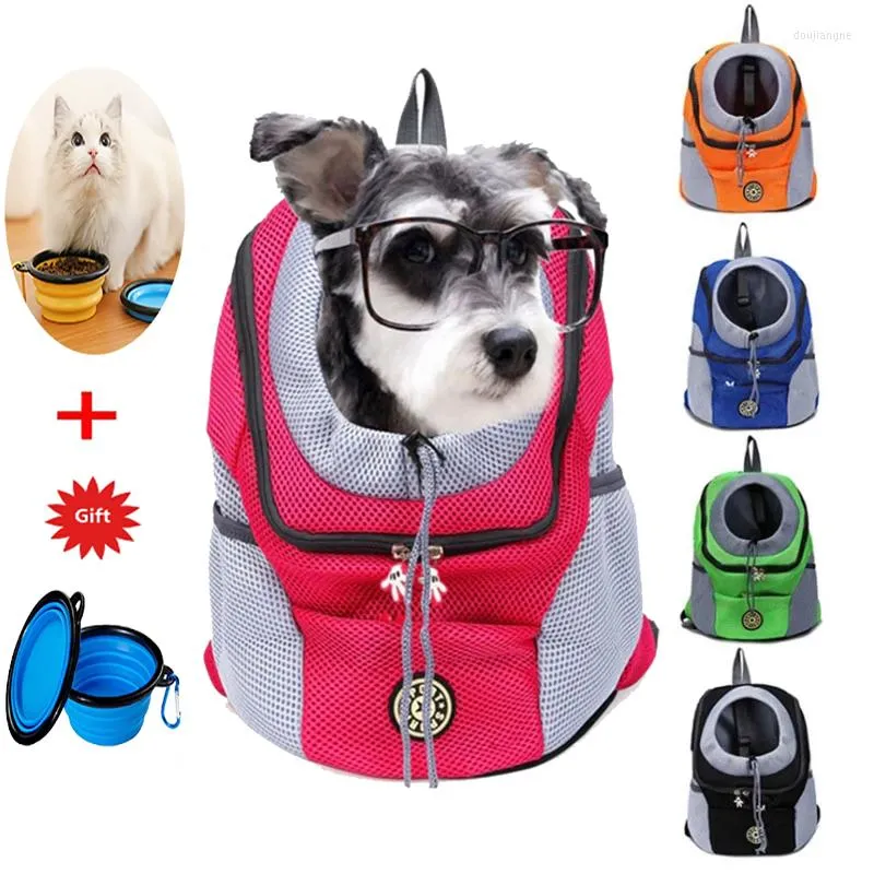 Housses de siège de voiture pour chien sacs de transport pour animaux de compagnie Double épaule chiens sac à dos sur Portable voyage avant sac maille sacs à dos en plein air bol ensemble