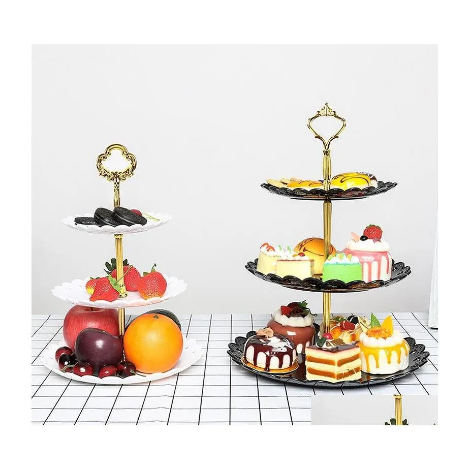 Décoration de fête Dessert Racks Trois Couches En Plastique Pure Couleur Évider Eco Friendly Bonbons Gâteau De Mariage Stands Décoration De Fête Dhh68