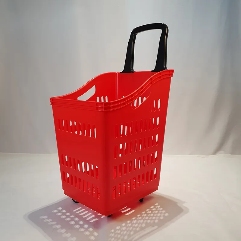 Cesta de armazenamento por atacado de plástico com alça rolante cestas de compras de supermercado cesta de mão com rodas