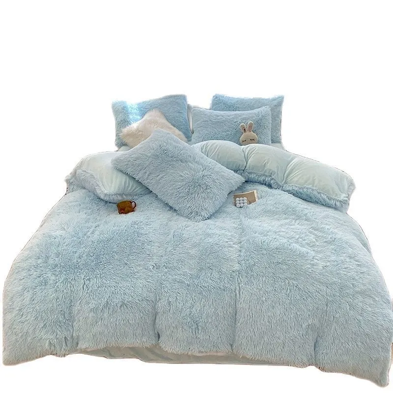 Beddengoed sets winter blauw lang haar dekbedovertrek set warm linnen huis texitle queen cystal flanel fleece bedblok 220x240 dropship 3pcs 221205