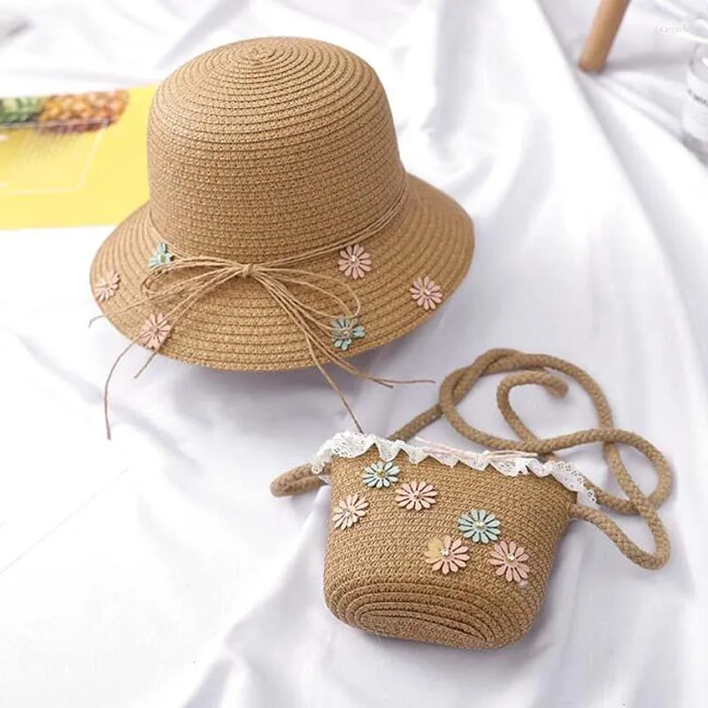 Hats XEONGKVI Fashion Flower Children Sun Bud Silk Bags Suit Summer Beach Straw For Girl Bucket Caps Head 51-52cm