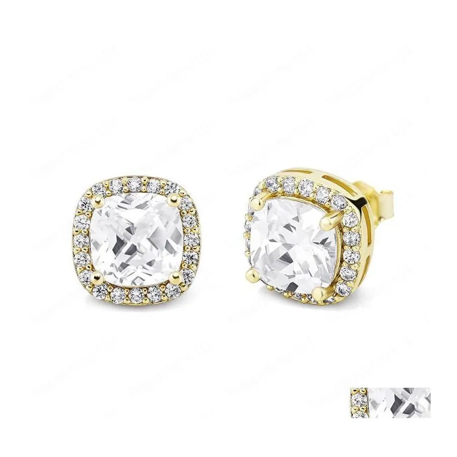 Stud Fashion Women Mens Earrings Gold Sier Colors Square Cz Studs Iced Out Bling Rock Punk Round Wedding Gift Drop Delivery Jewelry Dh1Lf
