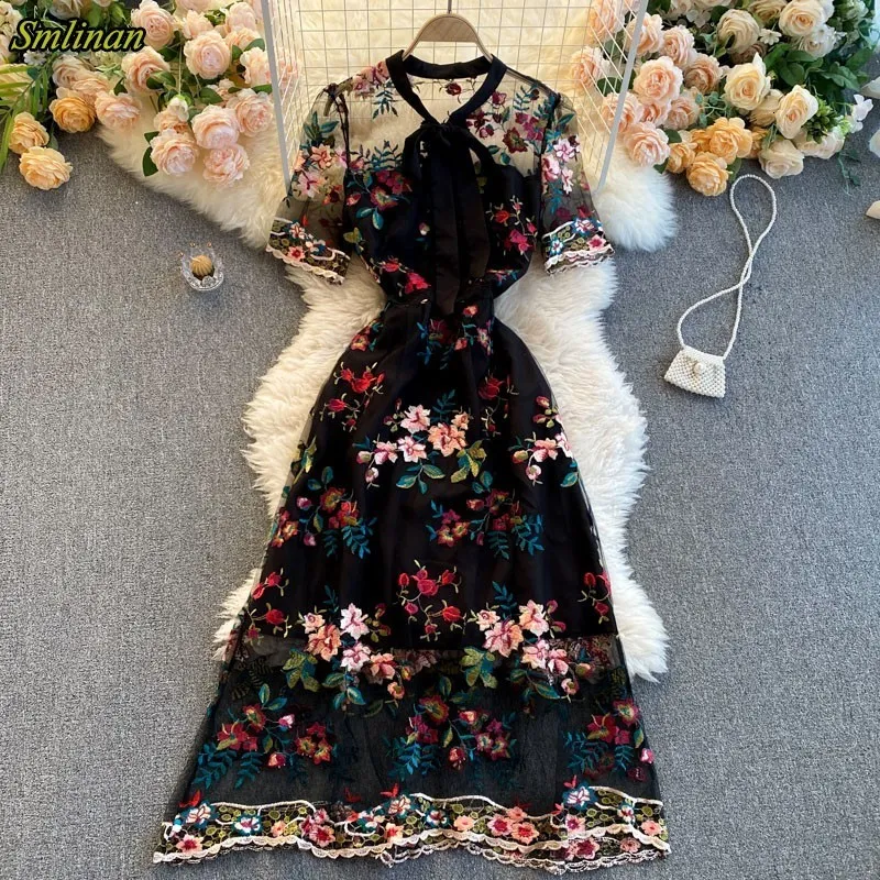 Robes de soirée Smlinan été broderie robe en maille florale femmes col rond manches courtes Tulle longues robes Vintage Sexy robe de soirée 221203