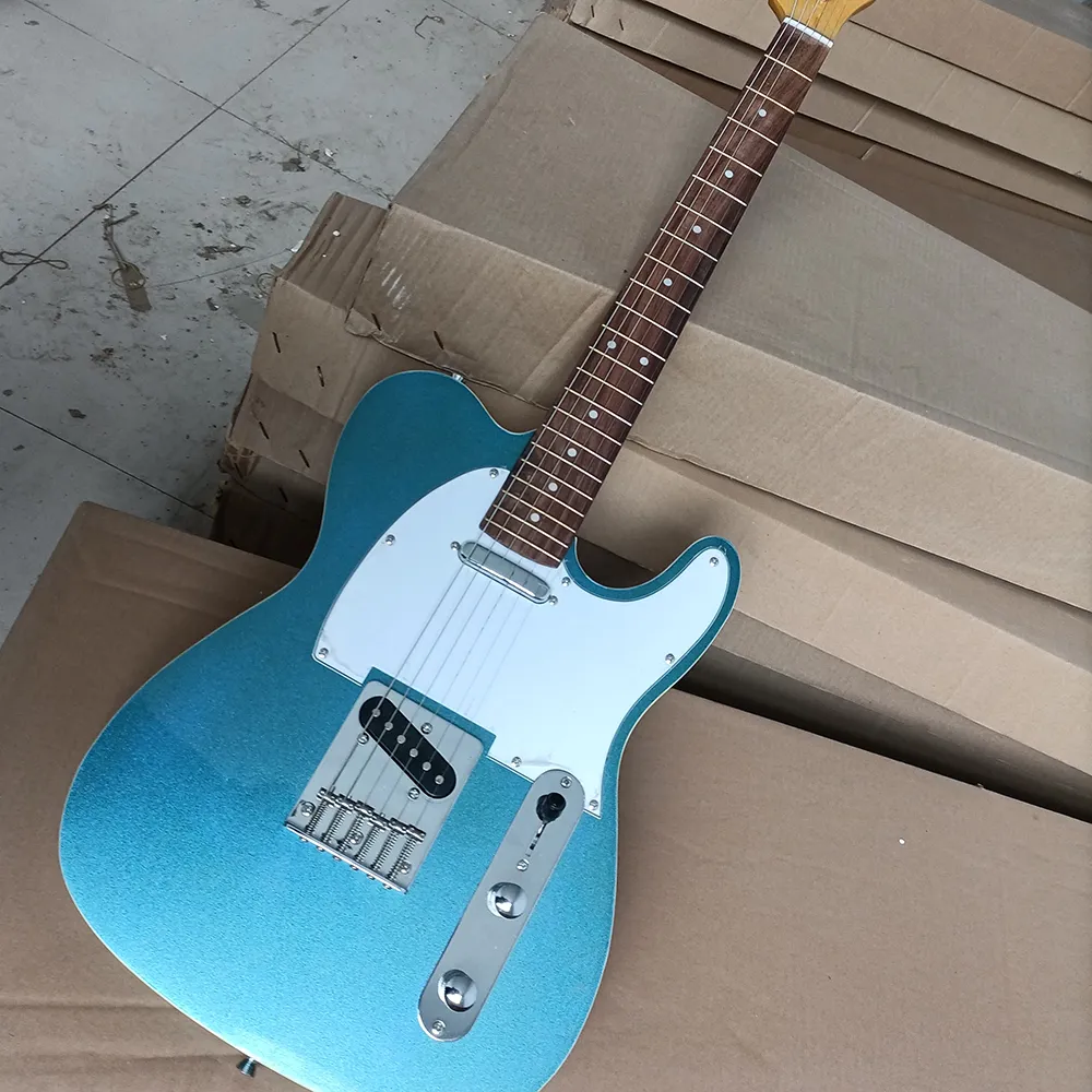 Guitare électrique bleue en métal à 6 cordes, avec reliure blanche, manche en palissandre personnalisable