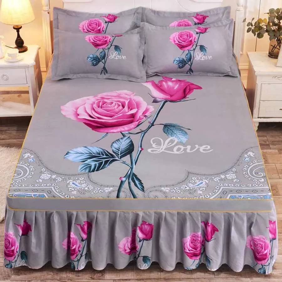 Bettrock WOSTAR 1 Stück verdickter Schleifaufstrich Rose bedruckt Hochzeit Spannbetttuchbezug weiche Heimtextilien Kingsize-Bett 221205