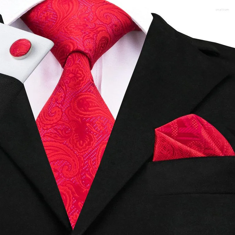 Bow Ties Mens Tie Red Paisley Silk Jacquard Necktie Hanky Cufflink Set Casual Wedding Party For Men C-293