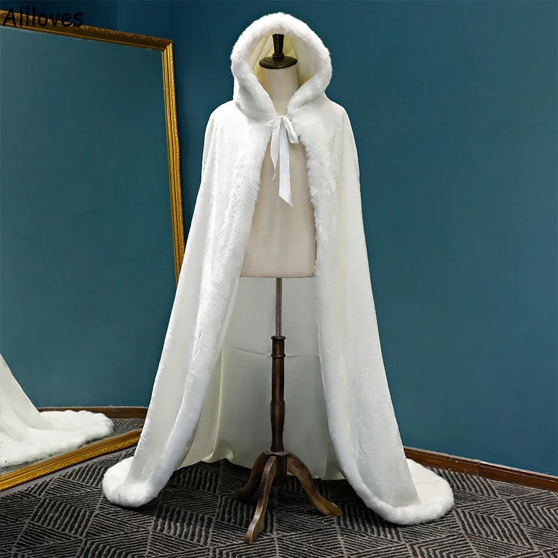 Winter Long Warm Wedding Capes Jackets White Faux Women Cloak Floor Length Bride Shawl Fur Cape Coat Adult Bridal Wrap CL1560