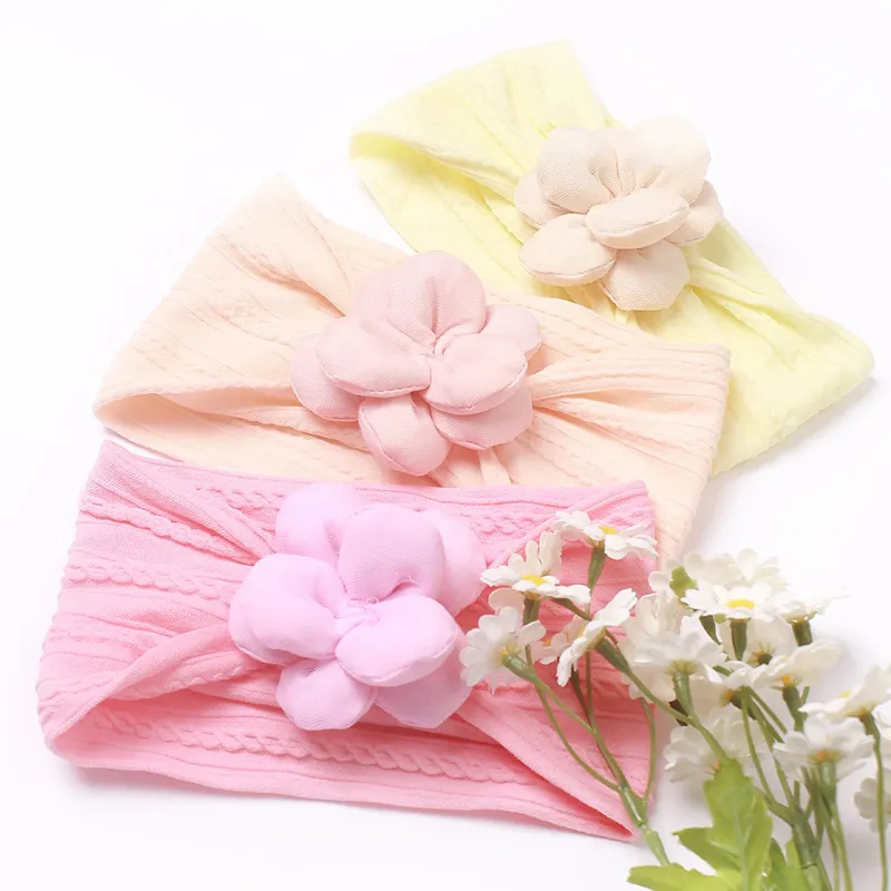 Bandeau en Nylon avec fleur en tissu, accessoires pour cheveux de nouveau-né, Turban pour bébés filles, couvre-chef large et mignon pour enfants