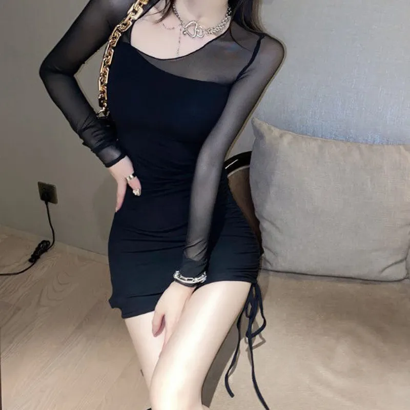 Party Dresses Women Long Sleeve Dress With Mesh Patchwork Adjustable Side Drawstring Solid Color Summer Clothing Club Street Style 221203
