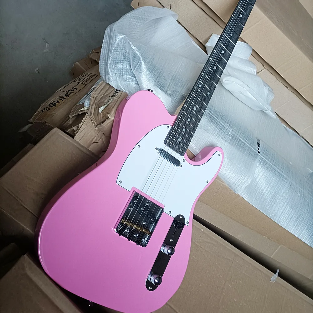 Guitare électrique rose à 6 cordes avec Pickguard blanc, manche en palissandre personnalisable