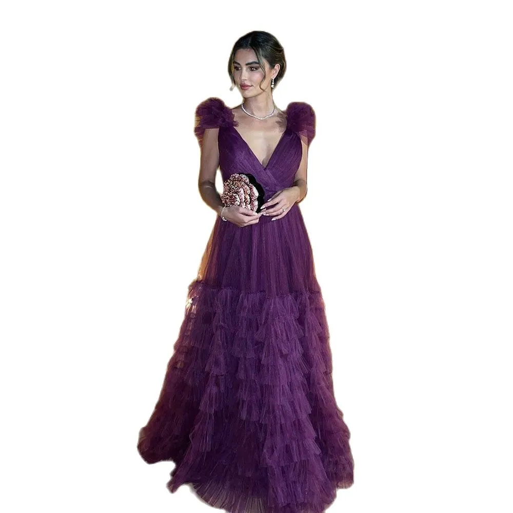 Purple Tulle Evening Dresses Vestidos De Fiesta V-neck Puff Tulle Arabic Dubai Formal Gowns Prom