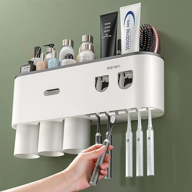 Tandborstehållare väggmonterade magnetiska adsorption Tandborstehållare Automatisk tandkräm Squeezer Hemma förvaringshyllor Badrumstillbehör Set 221205