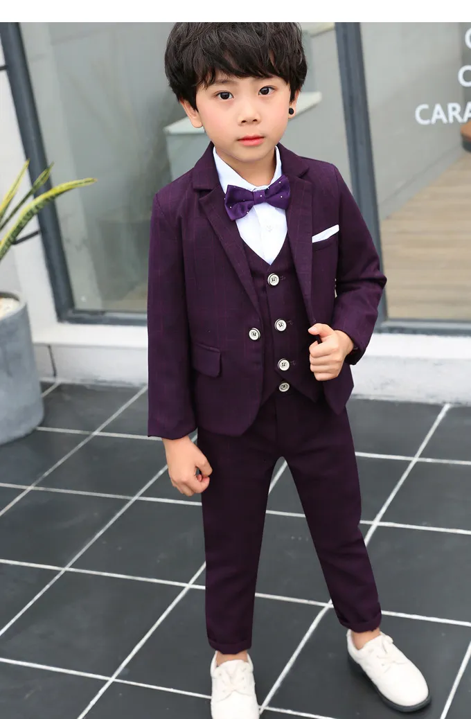 Костюмы Flower Boys Blazer Жилеты жилетки Bowtie 4pcs Set Children Формальное фиолетовое костюм детские свадебные вечеринки на церемонии исполнения 221205