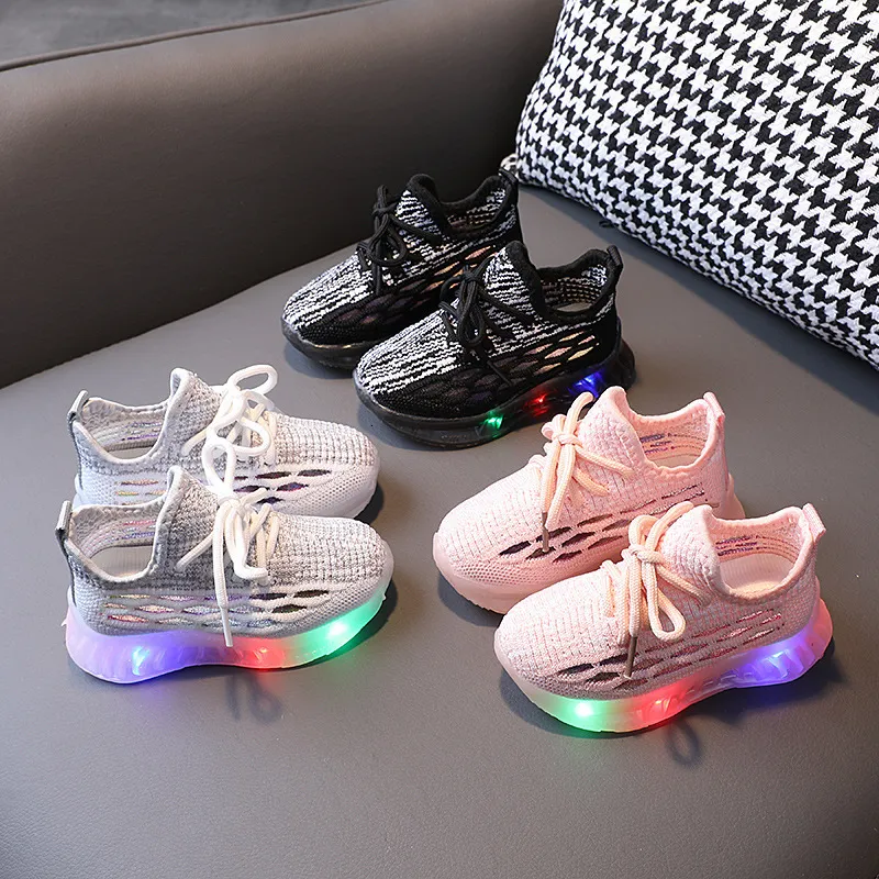 Sneakers Breathable Chunky Sneaker for Children with Luminous Sole 1 To 6 Years Baby Boy Mesh Shoes Childhood Girls LED E08063 221205