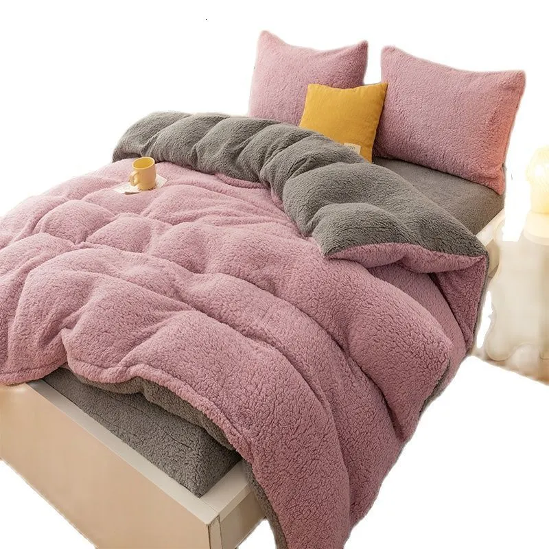 Set di biancheria da letto Set di cashmere di agnello laterale AB addensare pile di flanella biancheria per la casa invernale copripiumino in velluto grigio federa per dormire 221205