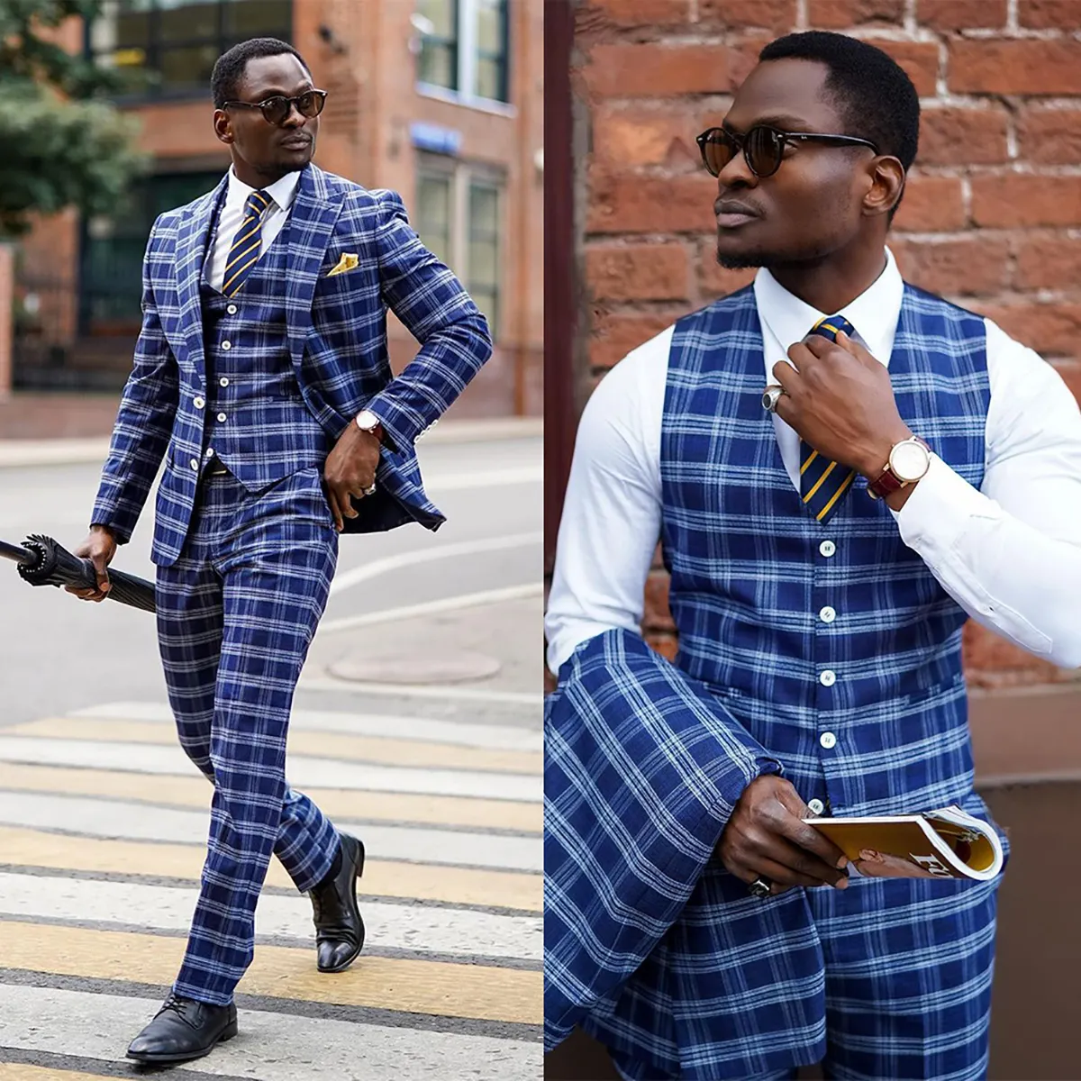 Blue check cheap wedding suit