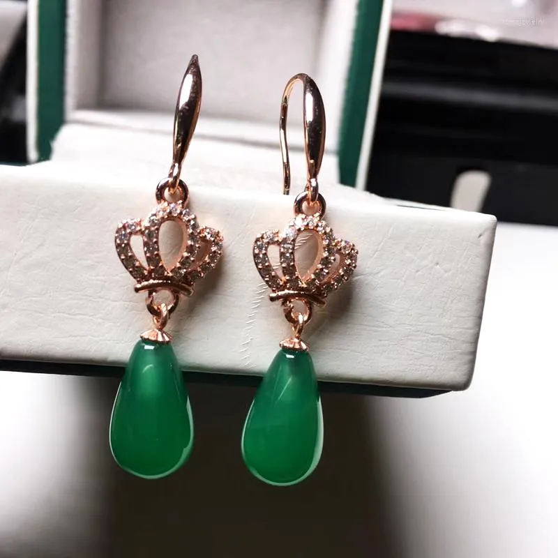 Kolczyki Dangle Ethic Natural Green Jade Drop for Women Rose Gold 925 Srebrna korona żeńska kamienie szlachetne impreza biżuteria ślubna