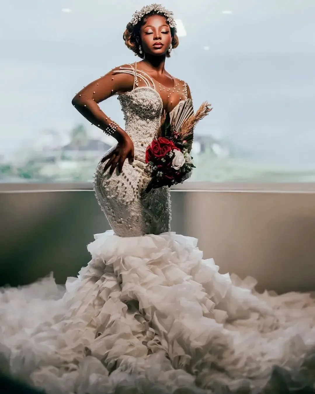 Luxury African Mermaid Wedding Dresses Pearls Beading Ruffles Tiered Long Sleeves Bridal Gowns Illusion Jewel Neck Gorgeous Vestido de Novia Back Lace Up 2023