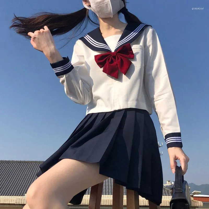 Ensembles de vêtements Blanc 3 rayé Basic Sailor Outfit Japonais School Girl Uniforme Seifuku Student Girls Cos Costume Femmes JK Jupe plissée marine