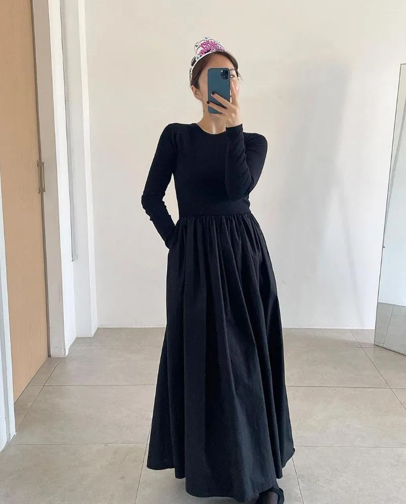 Casual Dresses Knitted Patchwork A Ling Maxi Dress O-neck Vintage Elegant Black Korean Chic Vestido De Mujer Autumn 2022 Winter Sukienka