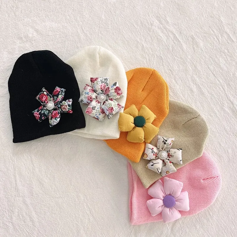 Knitted Beanie for Newborn Warm Hat Children Flower Skullies Solid Knit Bonnet with Big Sun Flower Baby Girls Turban Hats Cap