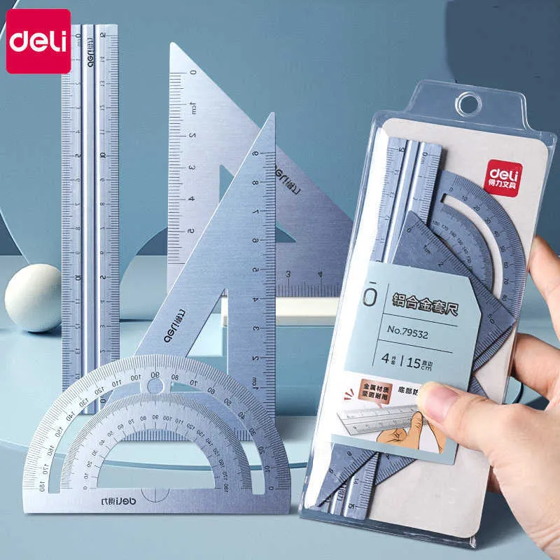 Deli Metal Ruler Stationery Set Aluminum Alloy Multifunctional Combonty Triangle Protractor Drawing